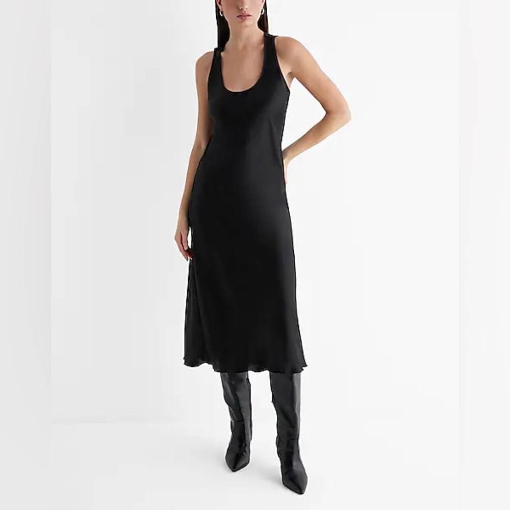 EXPRESS Satin Scoop Neck Midi Slip Dress, Black, Size XL, NWT
